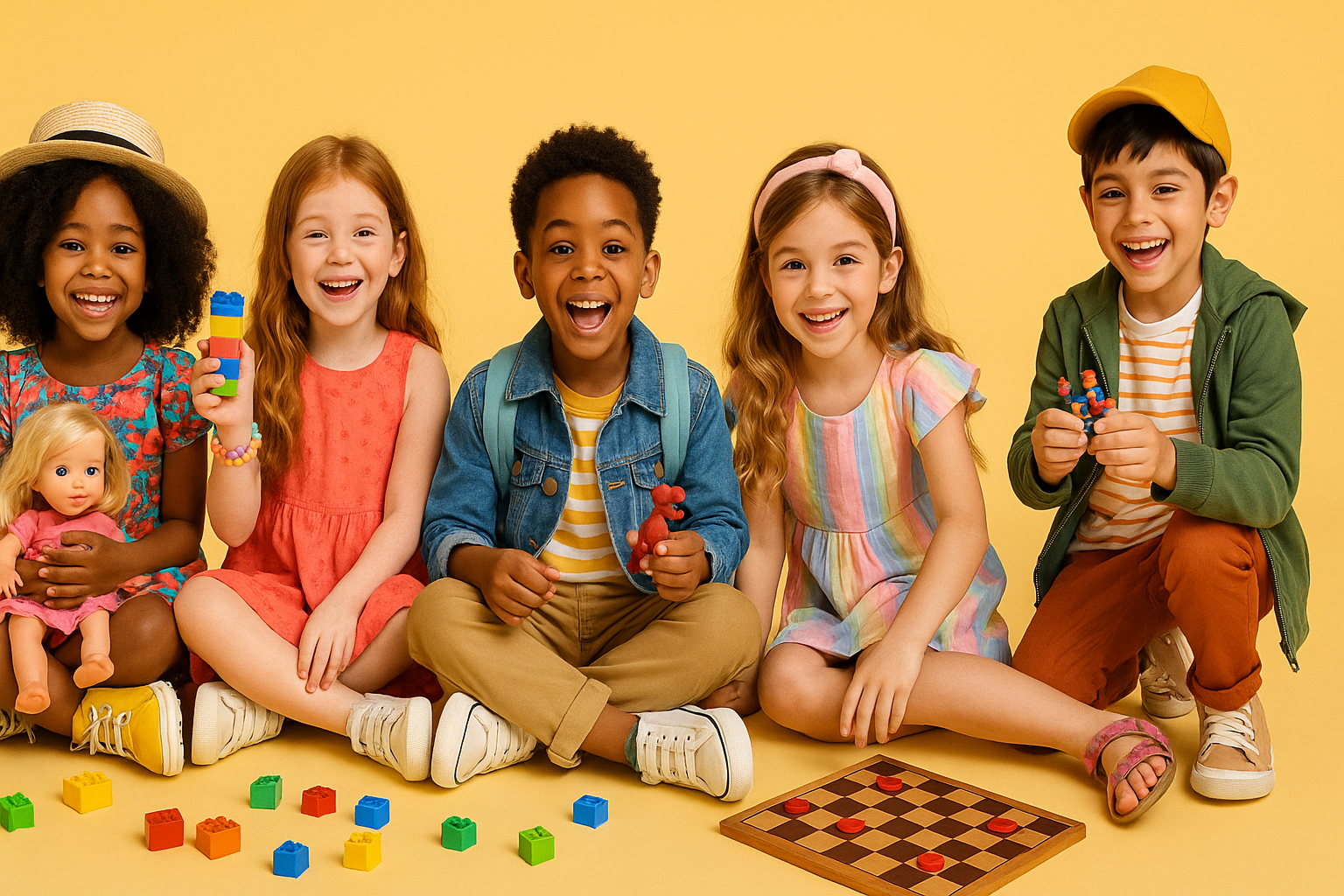 Banner featuring kids wearing fashion clothes, footwear, accessories and playing with toys