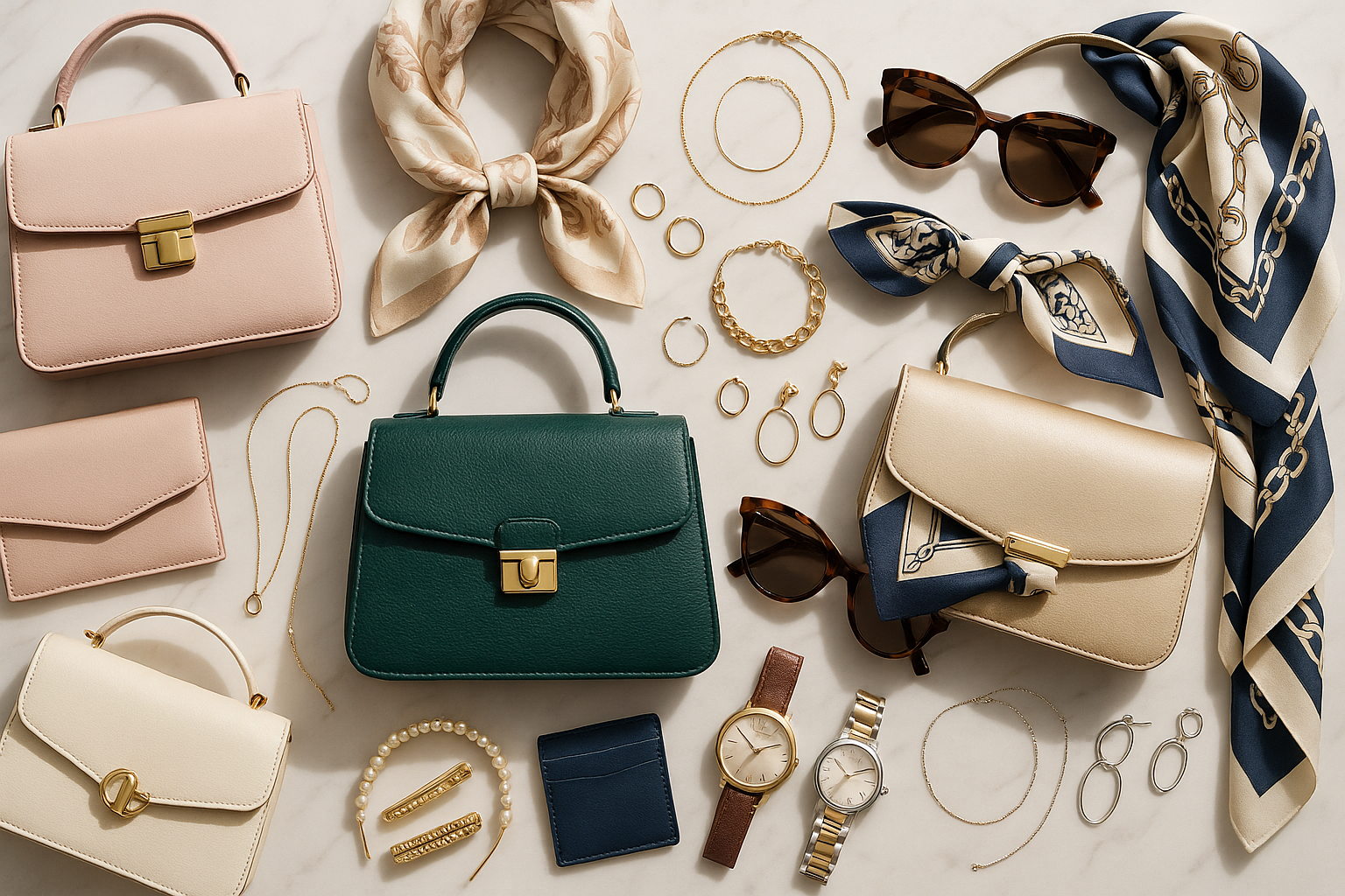 Create a unique banner image for accessories collections for women. Use no text on the image. Focus on products.
