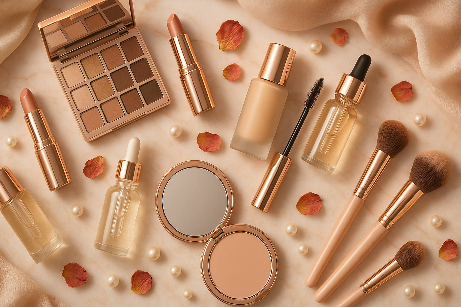 Create a unique banner image for beauty and cosmetics collections for women. Use no text on the image. Focus on products.
