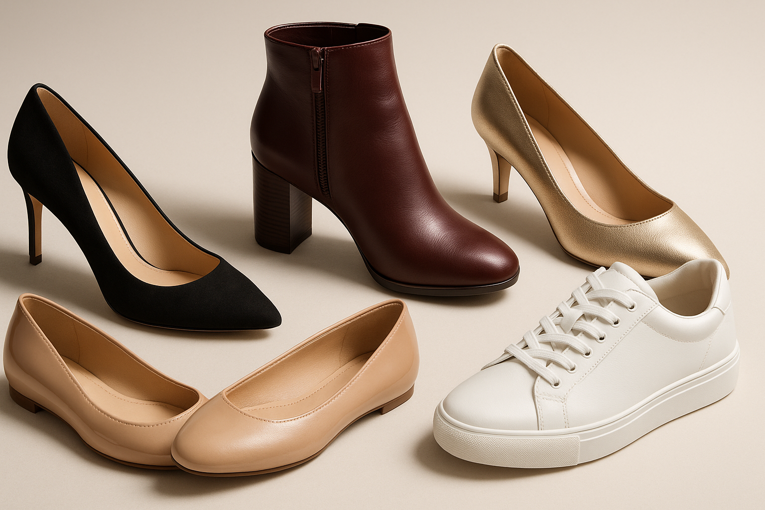 Create a unique banner image for footwear collections for women. Use no text on the image. Focus on products.
