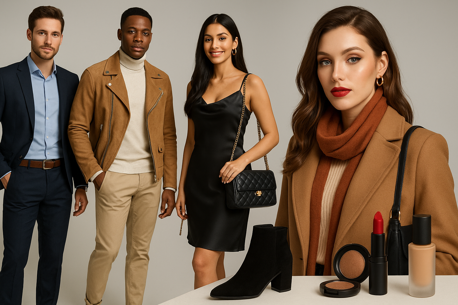 Fashion banner featuring men and women in stylish clothing, footwear, accessories, makeup and cosmetics