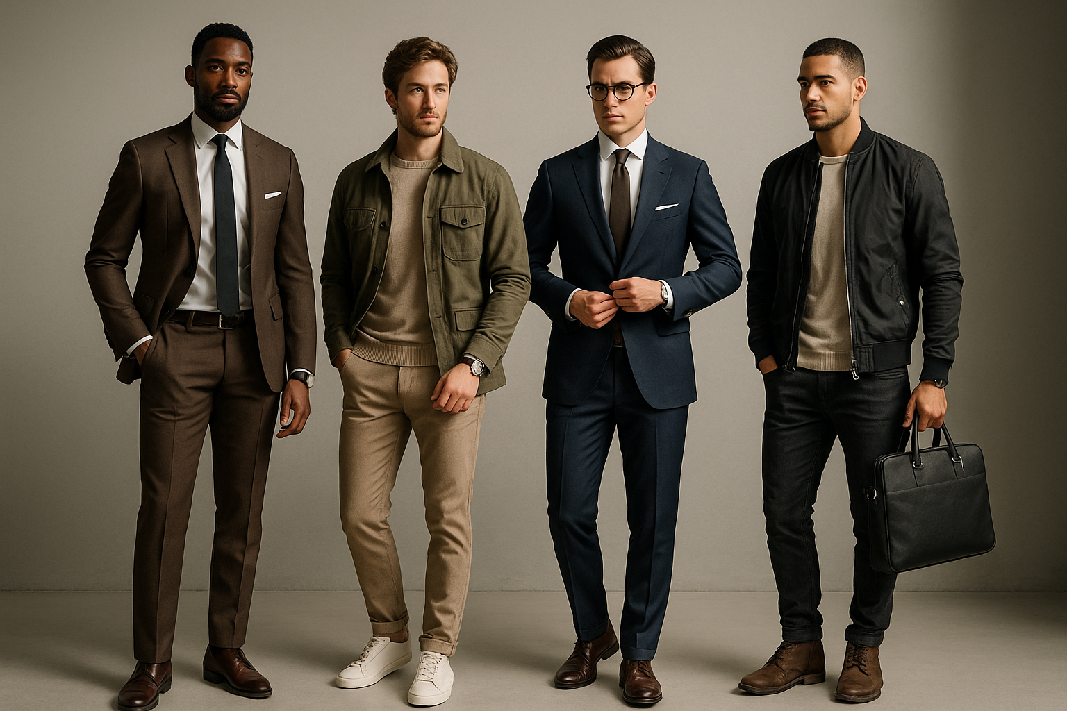 Fashion banner featuring men in stylish clothing, footwear, and accessories