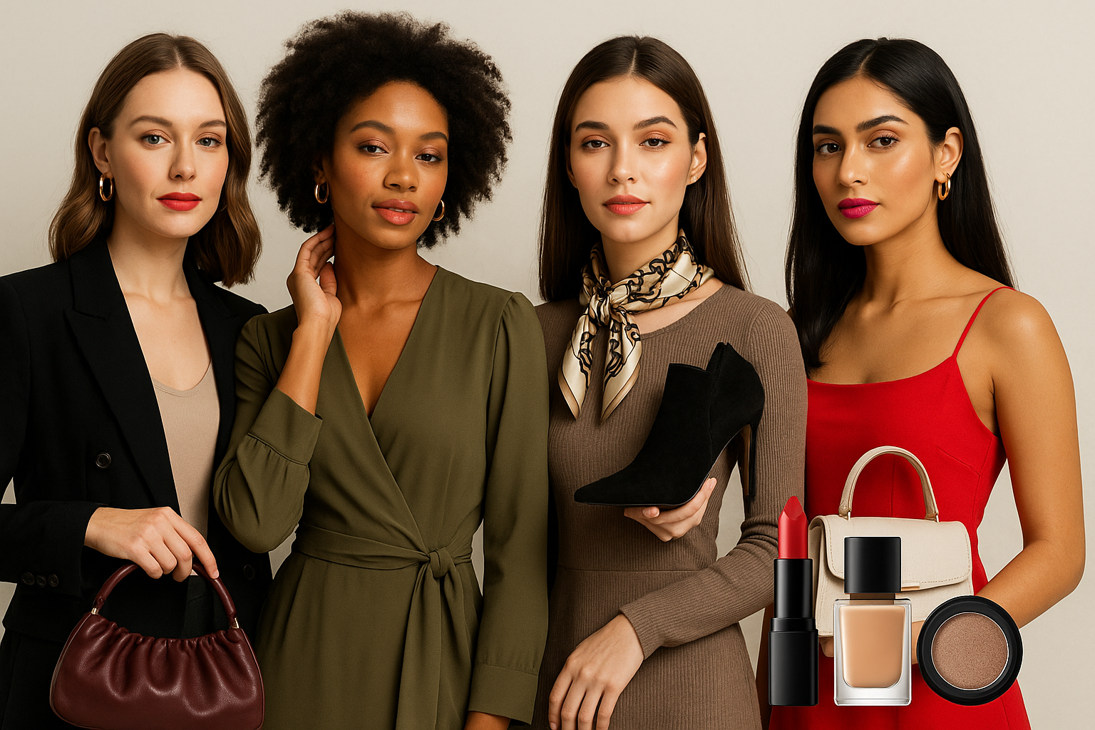 Fashion banner featuring women in stylish clothing, footwear, accessories, makeup and cosmetics