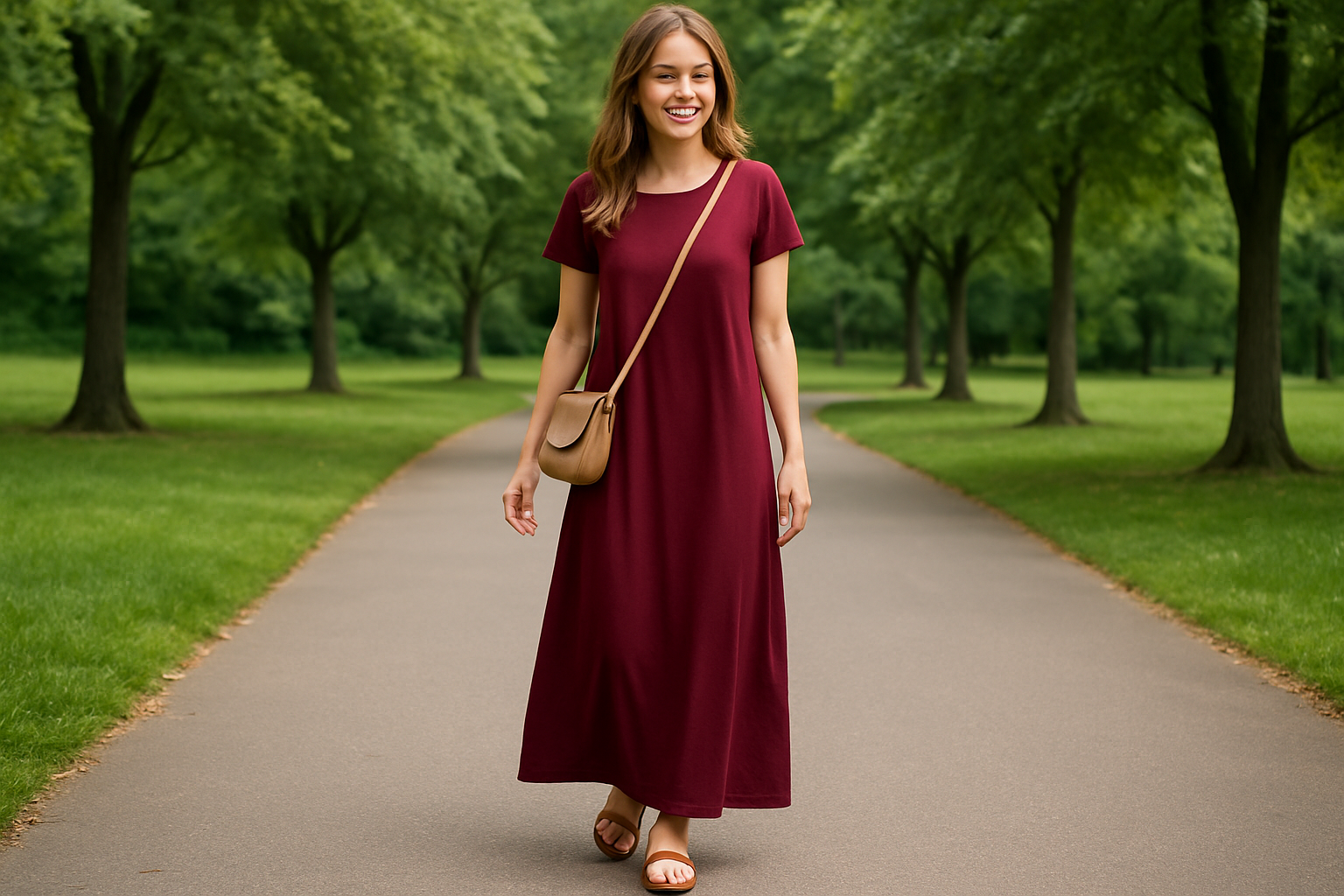 Women's Burgundy Casual Dress - Park Setting