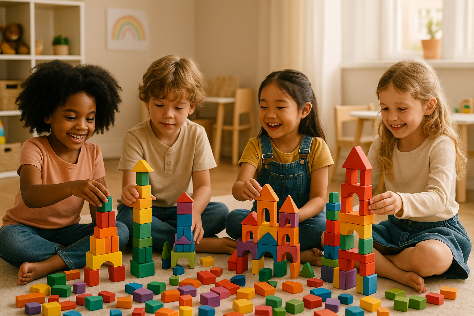Children Playing with Rainbow Building Blocks