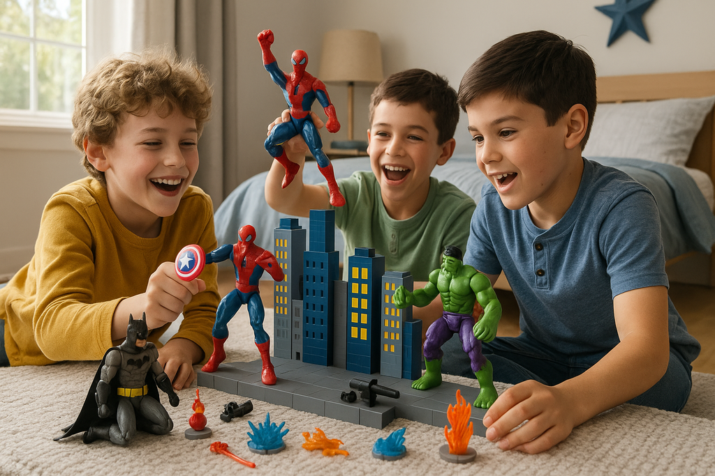 Boys Playing with Superhero Action Figures - Lifestyle
