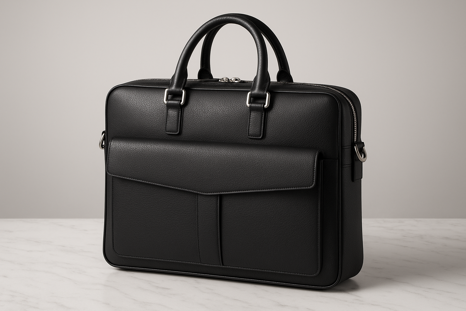 Black Italian Leather Executive Briefcase - Silver Hardware