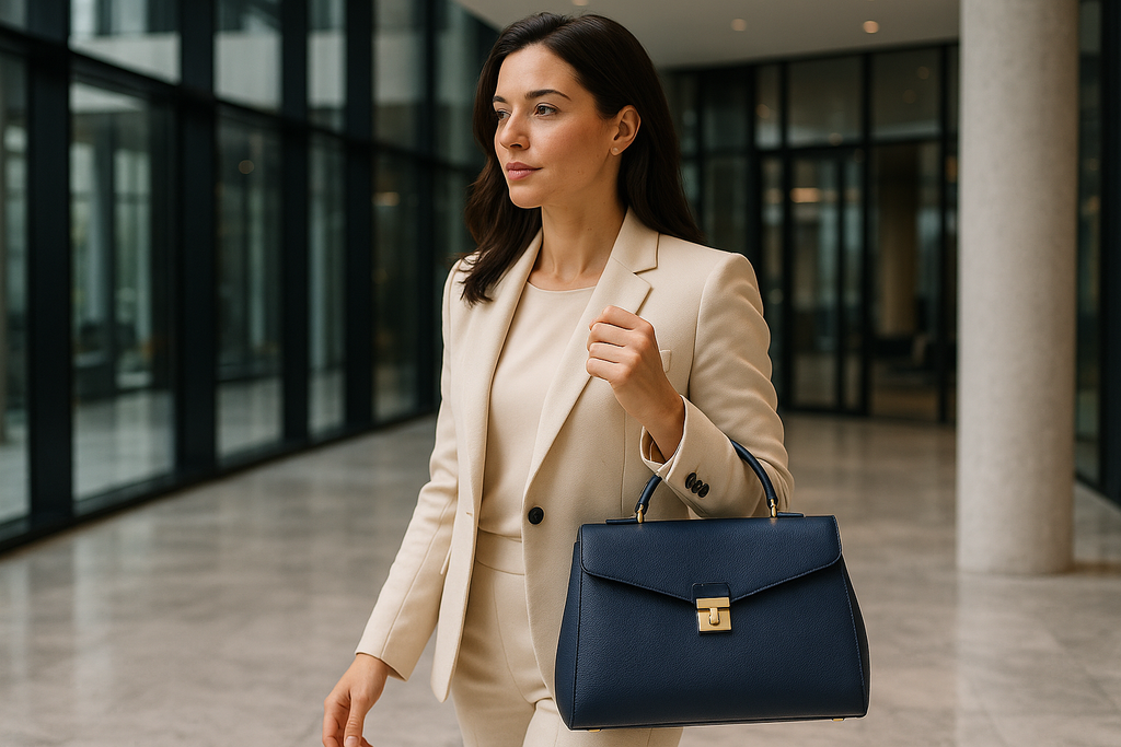 Women's Navy Leather Handbag - Professional Lifestyle