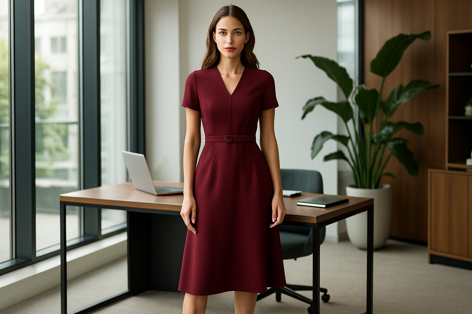 Women's Burgundy Midi Dress - Professional Lifestyle