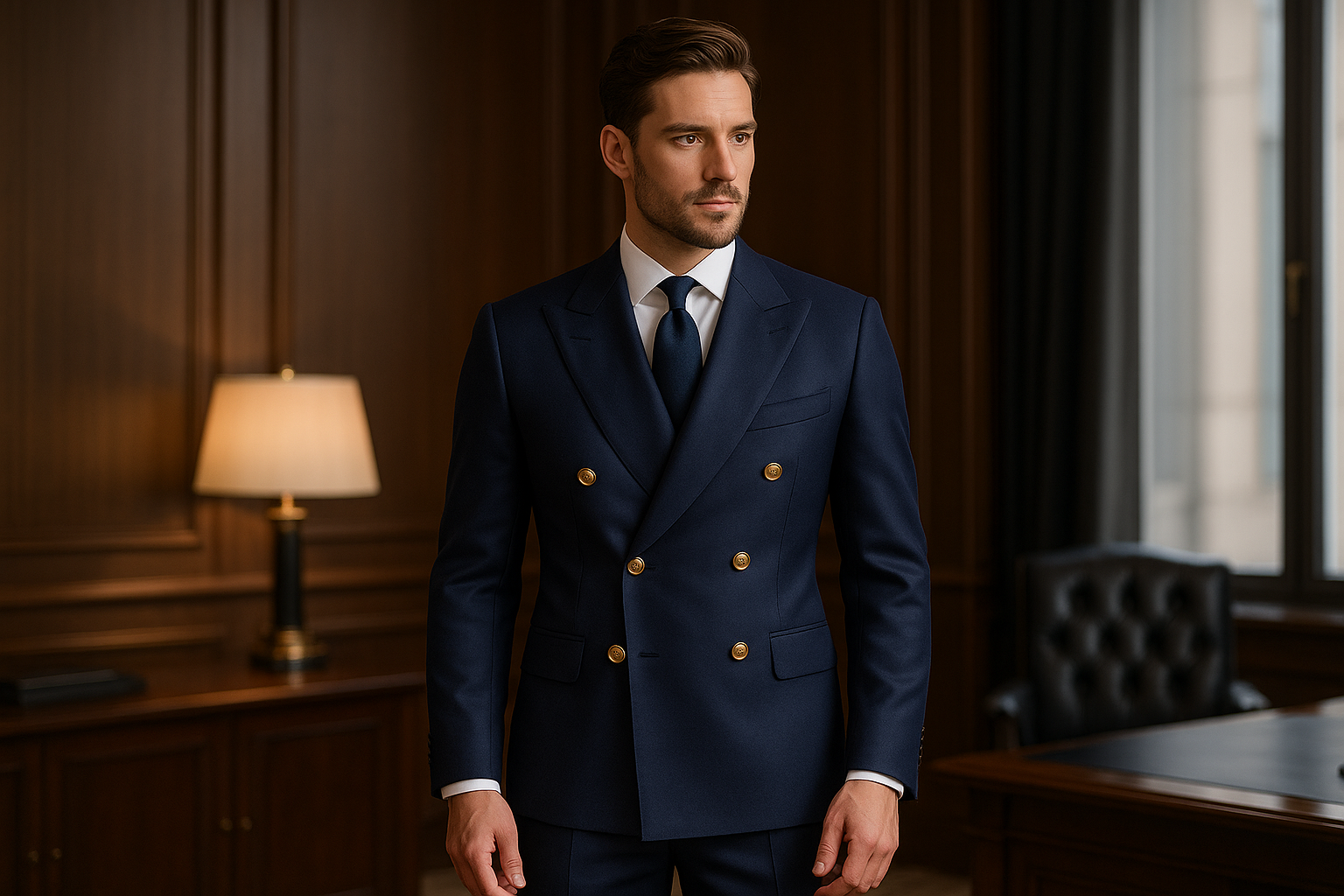Navy Blue Double-Breasted Executive Suit - Premium Style