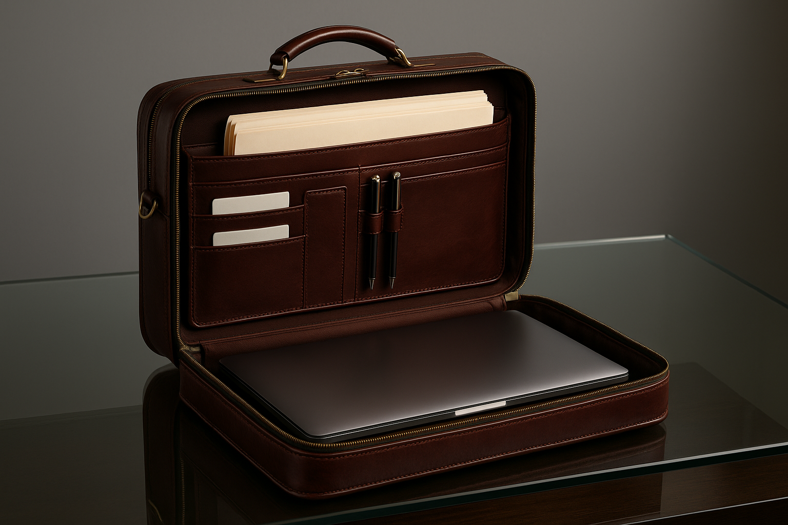 Rich Mahogany Laptop Briefcase - Interior Organization Display
