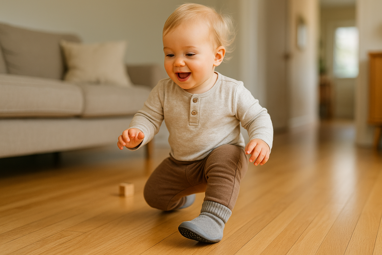 Toddler Playing Safely Indoors with Anti-Slip Shoes