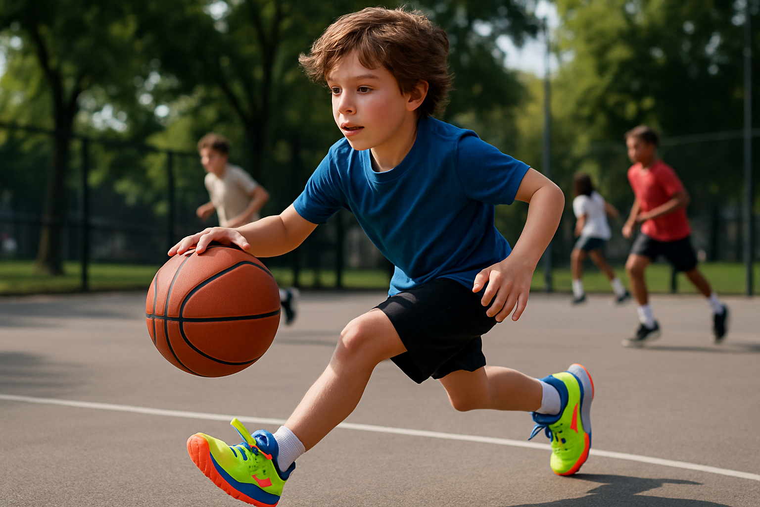 Boy Playing Basketball in Athletic Sneakers