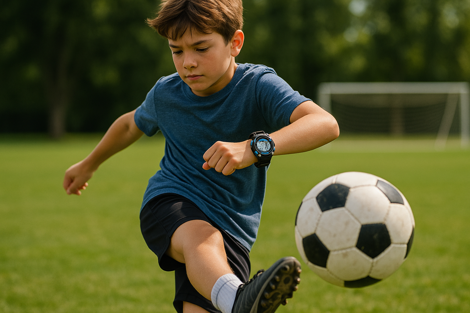 Boy Wearing Digital Watch Playing Soccer