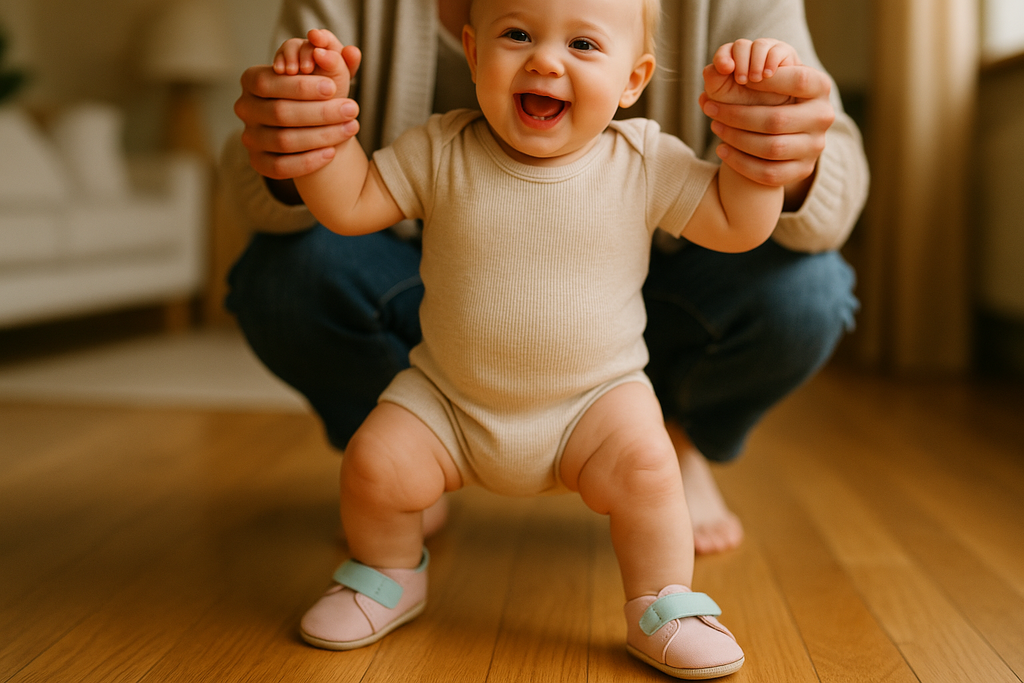 Baby Taking First Steps in Walker Shoes