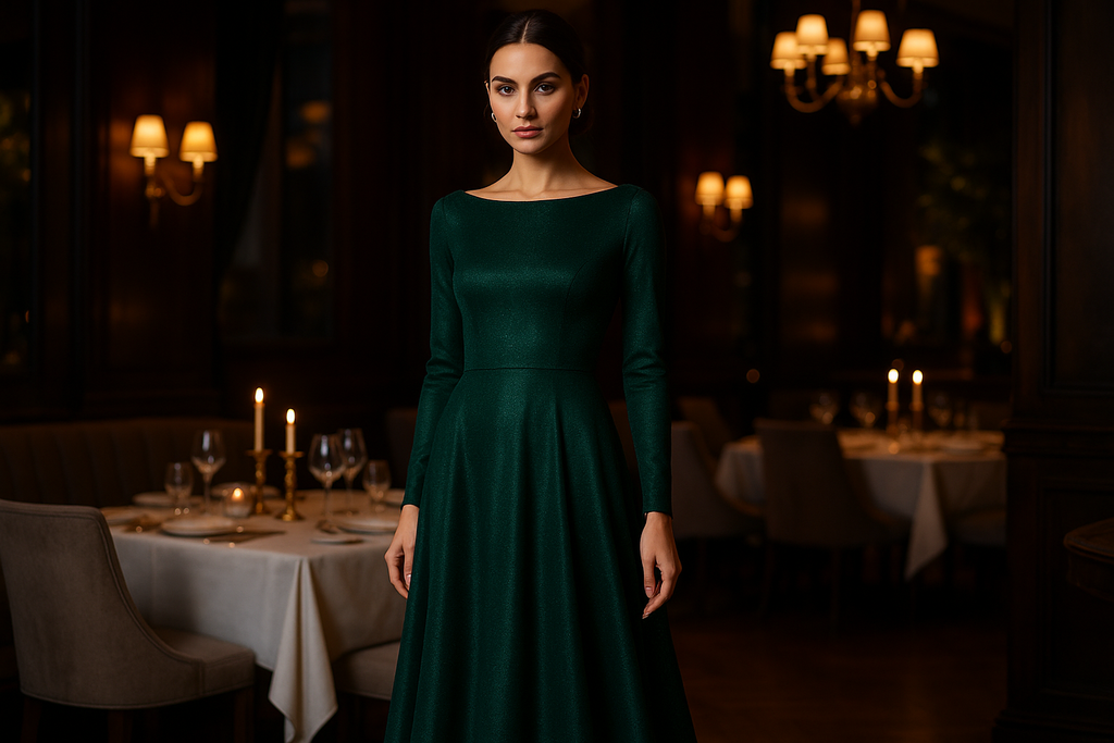 Women's Emerald Evening Dress - Restaurant Setting