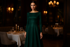 Women's Emerald Evening Dress - Restaurant Setting