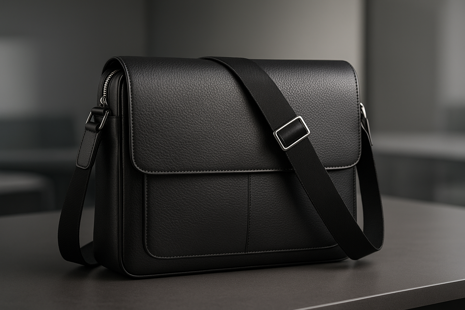 Black Italian Leather Messenger Bag - Silver Hardware