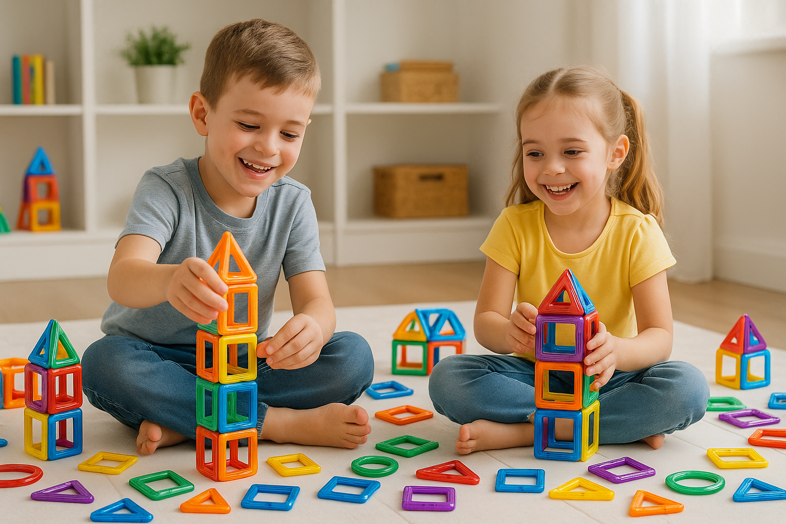 Children Playing with Magnetic Building Blocks