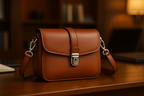 Professional Cognac Brown Crossbody Bag - Italian Leather with Silver Hardware