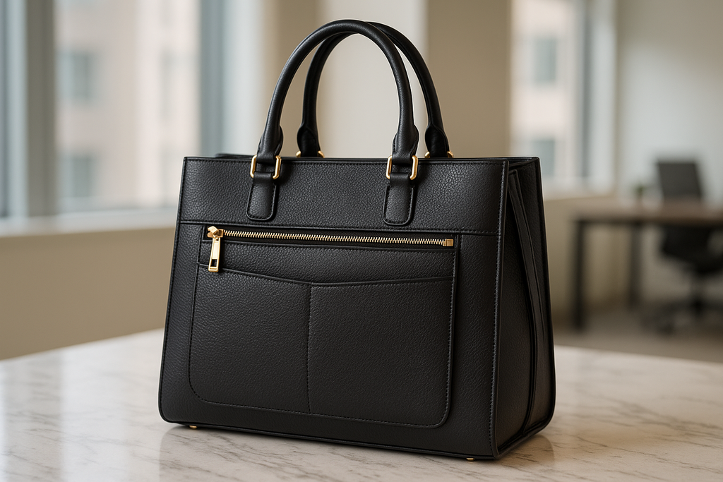 Executive Black Leather Tote Bag - Premium Italian Leather with Gold Hardware