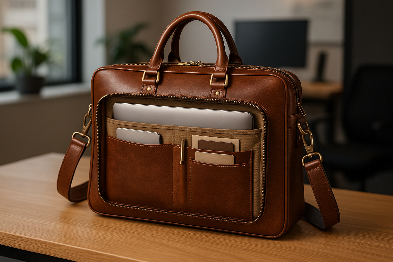 Brown Italian Leather Laptop Bag - Brass Hardware
