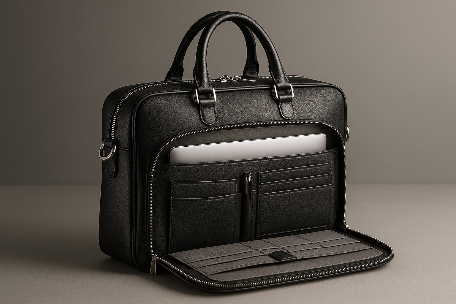 Black Italian Leather Laptop Bag - Silver Hardware