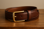 Brown Italian Leather Dress Belt - Gold Buckle