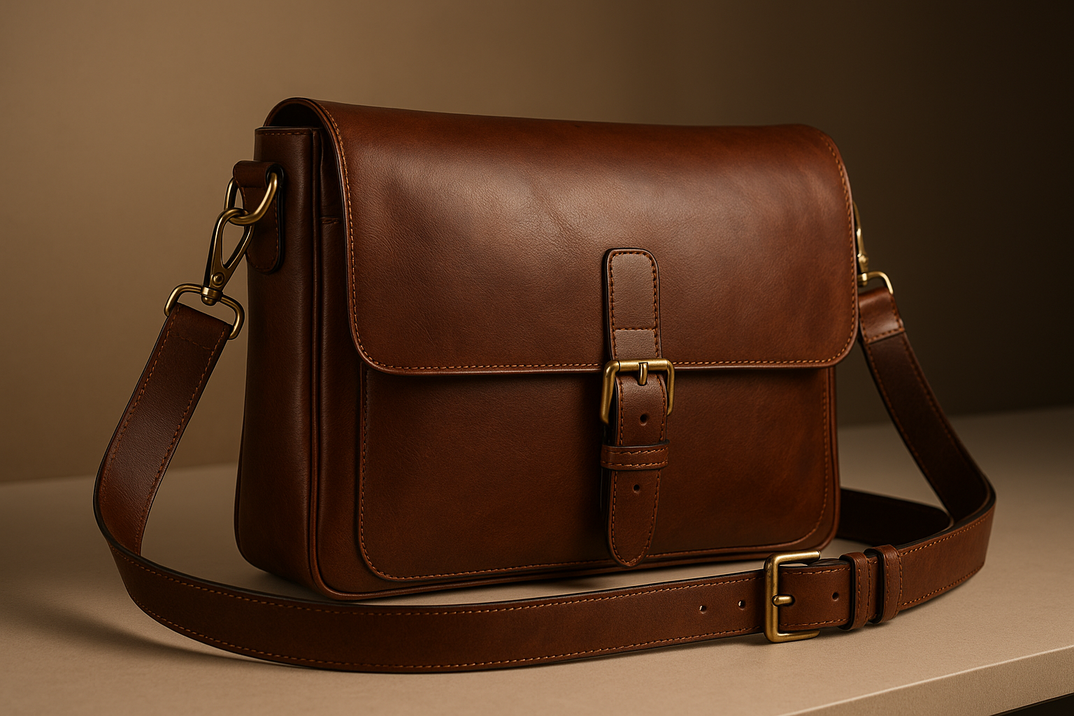 Brown Italian Leather Messenger Bag - Brass Hardware