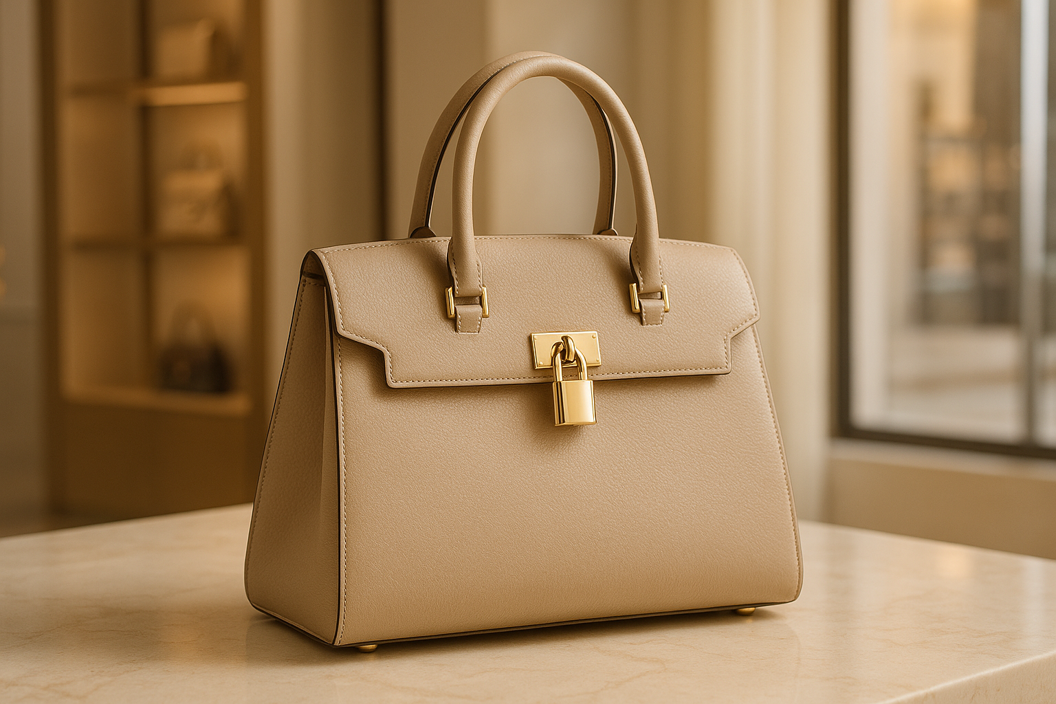 Premium Beige Italian Leather Handbag - Elegant Structured Design with Gold Hardware